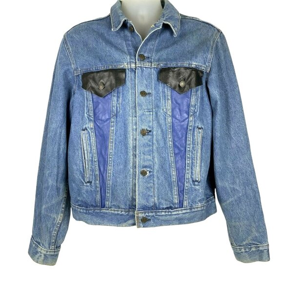 Levis Denim Trucker Jacket With Black & Blue Faux Leather Insets Size 44L - Picture 1 of 7